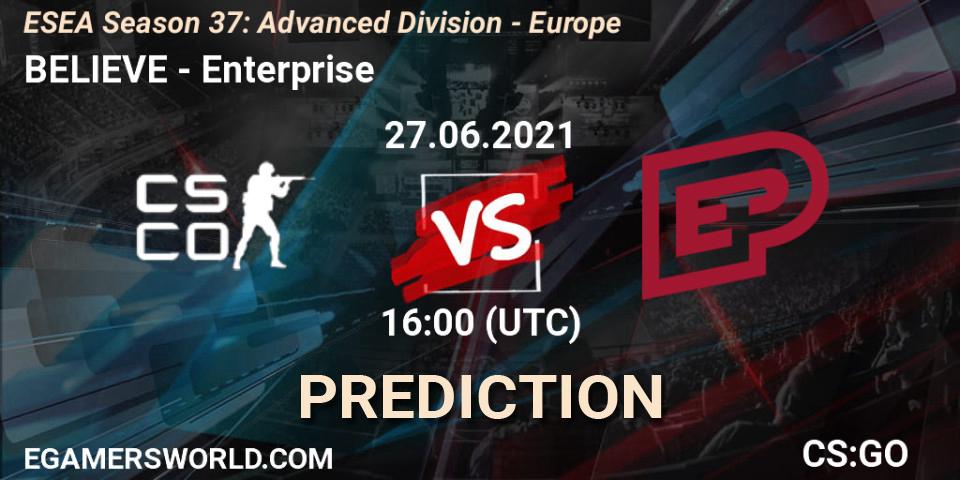 Prognose für das Spiel BELIEVE VS Enterprise. 27.06.2021 at 16:00. Counter-Strike (CS2) - ESEA Season 37: Advanced Division - Europe