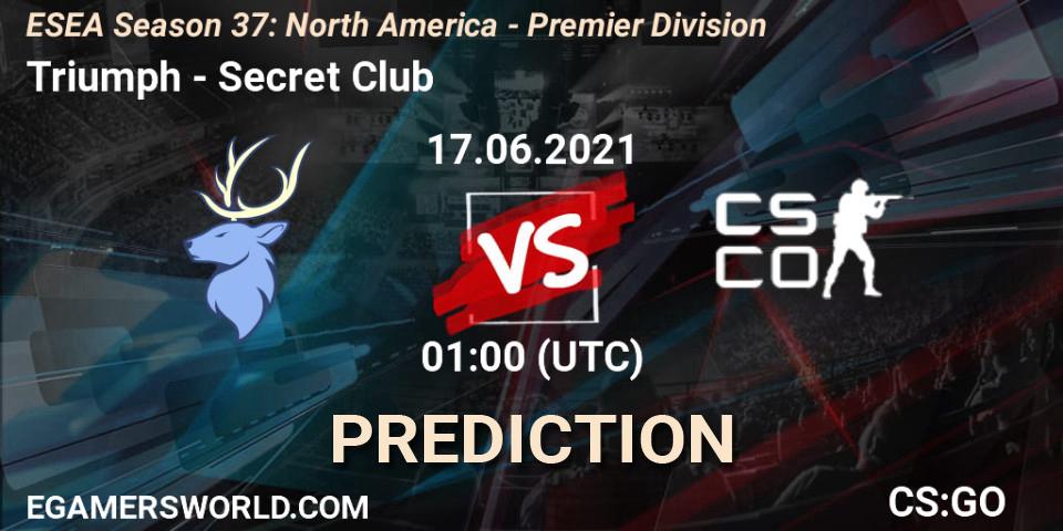 Prognose für das Spiel Triumph VS Secret Club. 17.06.2021 at 01:00. Counter-Strike (CS2) - ESEA Season 37: North America - Premier Division