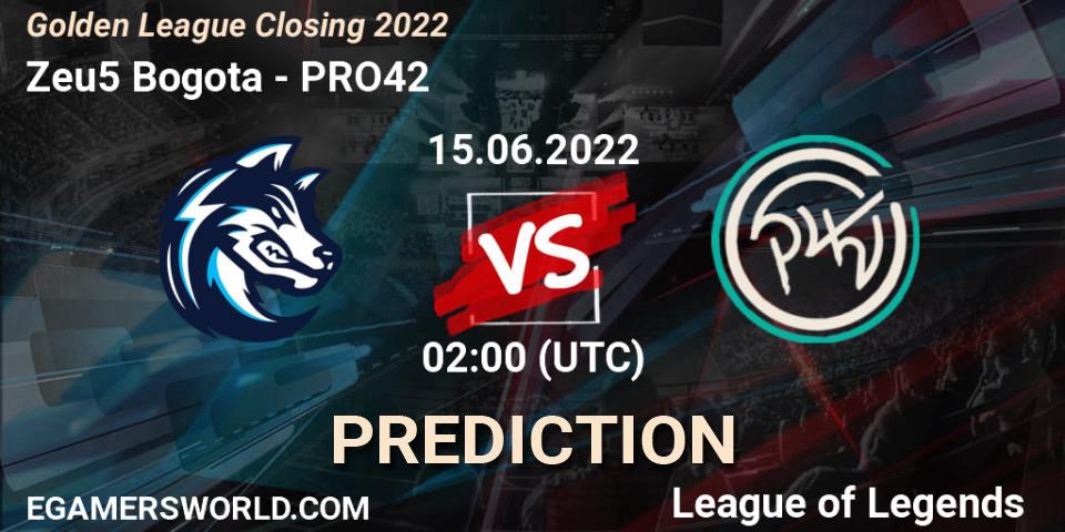 Prognose für das Spiel Zeu5 Bogota VS PRO42. 15.06.2022 at 02:00. LoL - Golden League Closing 2022