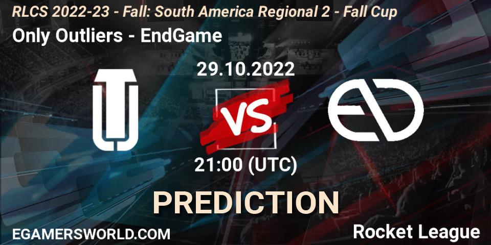 Prognose für das Spiel Only Outliers VS EndGame. 29.10.2022 at 21:00. Rocket League - RLCS 2022-23 - Fall: South America Regional 2 - Fall Cup
