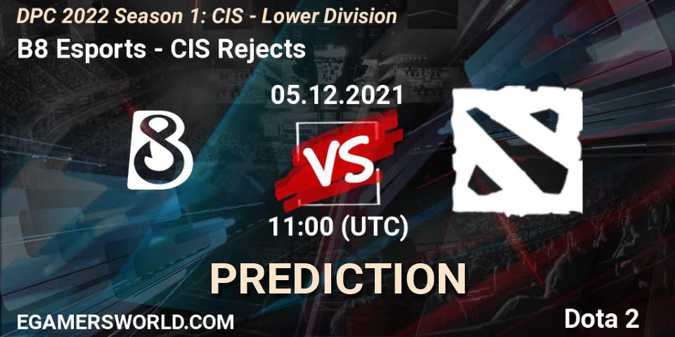 Prognose für das Spiel B8 Esports VS CIS Rejects. 05.12.2021 at 11:01. Dota 2 - DPC 2022 Season 1: CIS - Lower Division