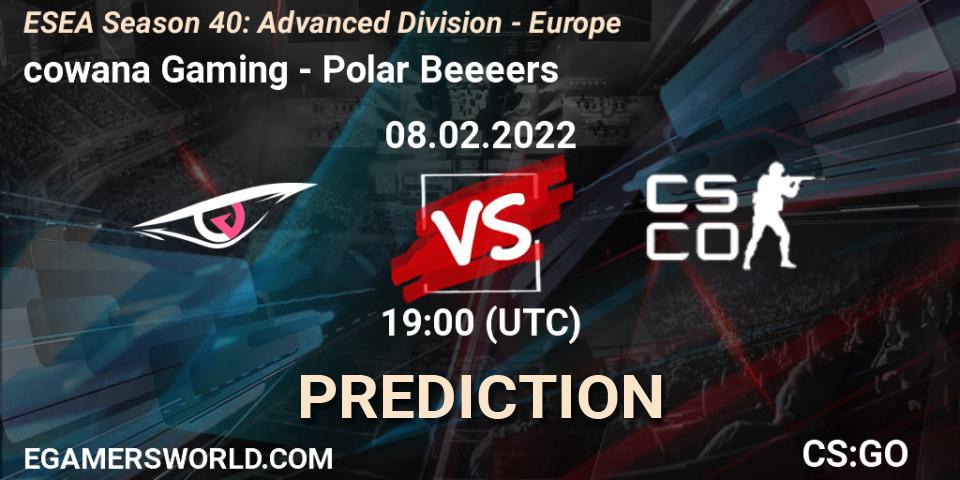 Prognose für das Spiel cowana Gaming VS Polar Beeeers. 08.02.2022 at 19:00. Counter-Strike (CS2) - ESEA Season 40: Advanced Division - Europe