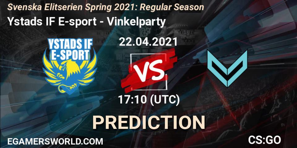 Prognose für das Spiel Ystads IF E-sport VS Vinkelparty. 22.04.2021 at 17:10. Counter-Strike (CS2) - Svenska Elitserien Spring 2021: Regular Season