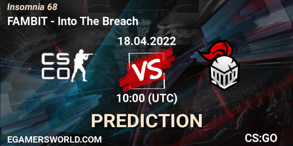 Prognose für das Spiel FAMBIT VS Into The Breach. 18.04.2022 at 10:00. Counter-Strike (CS2) - Insomnia 68
