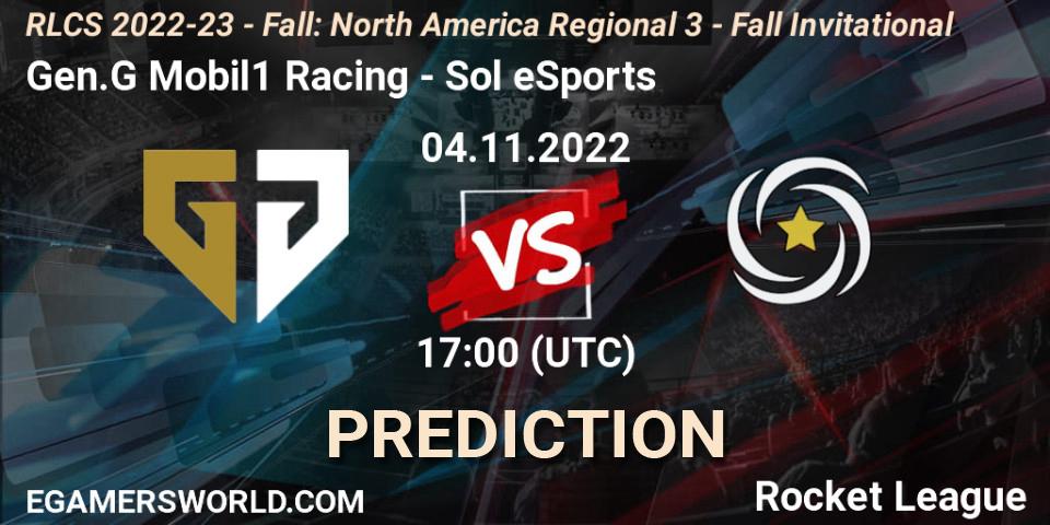 Prognose für das Spiel Gen.G Mobil1 Racing VS Sol eSports. 04.11.2022 at 17:00. Rocket League - RLCS 2022-23 - Fall: North America Regional 3 - Fall Invitational