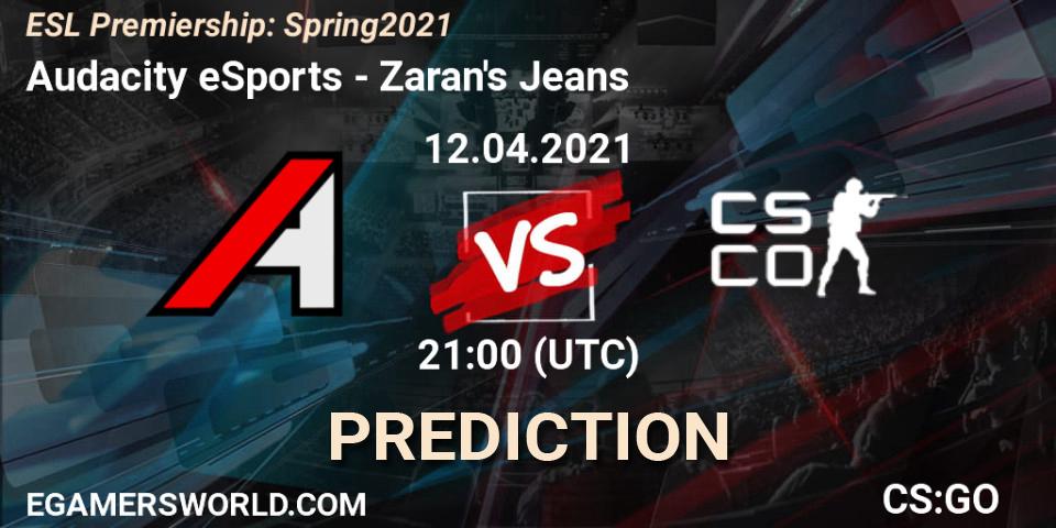 Prognose für das Spiel Audacity eSports VS Zaran's Jeans. 12.04.2021 at 21:15. Counter-Strike (CS2) - ESL Premiership: Spring 2021