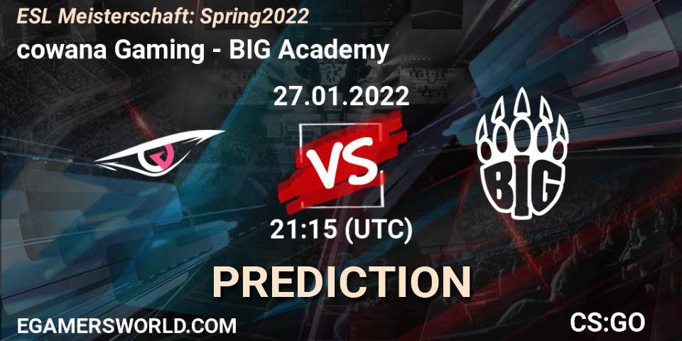 Prognose für das Spiel cowana Gaming VS BIG Academy. 27.01.2022 at 21:30. Counter-Strike (CS2) - ESL Meisterschaft: Spring 2022