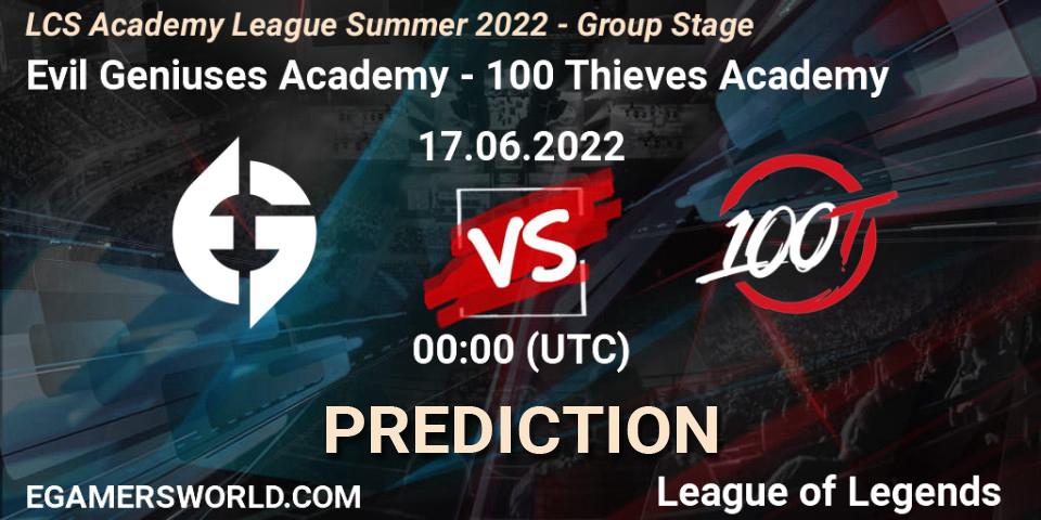 Prognose für das Spiel Evil Geniuses Academy VS 100 Thieves Academy. 17.06.2022 at 00:00. LoL - LCS Academy League Summer 2022 - Group Stage