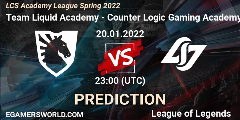Prognose für das Spiel Team Liquid Academy VS Counter Logic Gaming Academy. 20.01.2022 at 23:00. LoL - LCS Academy League Spring 2022