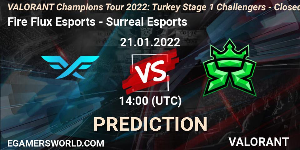 Prognose für das Spiel Fire Flux Esports VS Surreal Esports. 21.01.2022 at 14:00. VALORANT - VCT 2022: Turkey Stage 1 Challengers - Closed Qualifier 2