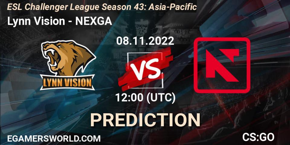 Prognose für das Spiel Lynn Vision VS NEXGA. 08.11.2022 at 12:00. Counter-Strike (CS2) - ESL Challenger League Season 43: Asia-Pacific
