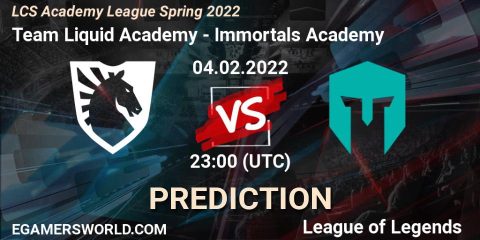 Prognose für das Spiel Team Liquid Academy VS Immortals Academy. 04.02.2022 at 23:00. LoL - LCS Academy League Spring 2022