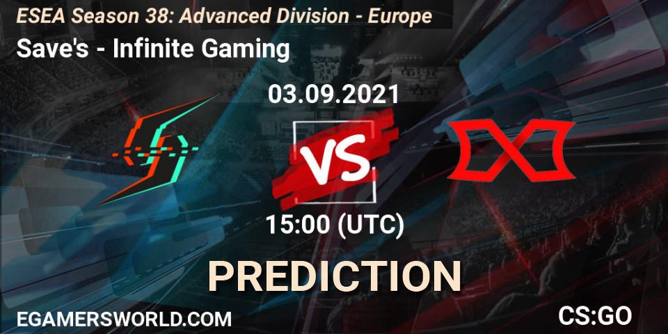 Prognose für das Spiel Save's VS Infinite Gaming. 03.09.2021 at 15:00. Counter-Strike (CS2) - ESEA Season 38: Advanced Division - Europe