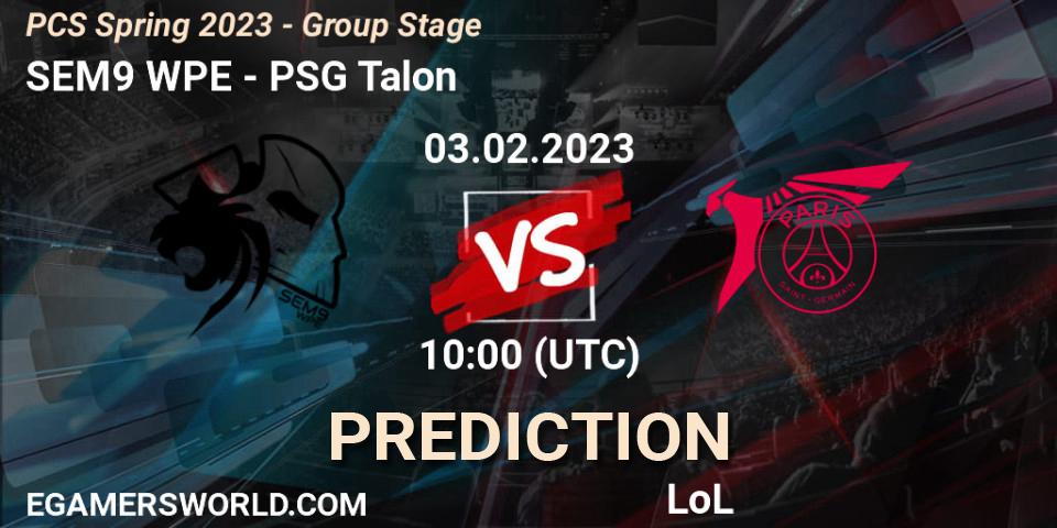Prognose für das Spiel SEM9 WPE VS PSG Talon. 03.02.2023 at 10:45. LoL - PCS Spring 2023 - Group Stage