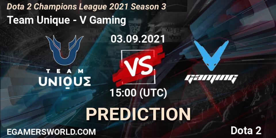 Prognose für das Spiel Team Unique VS V Gaming. 03.09.2021 at 15:00. Dota 2 - Dota 2 Champions League 2021 Season 3