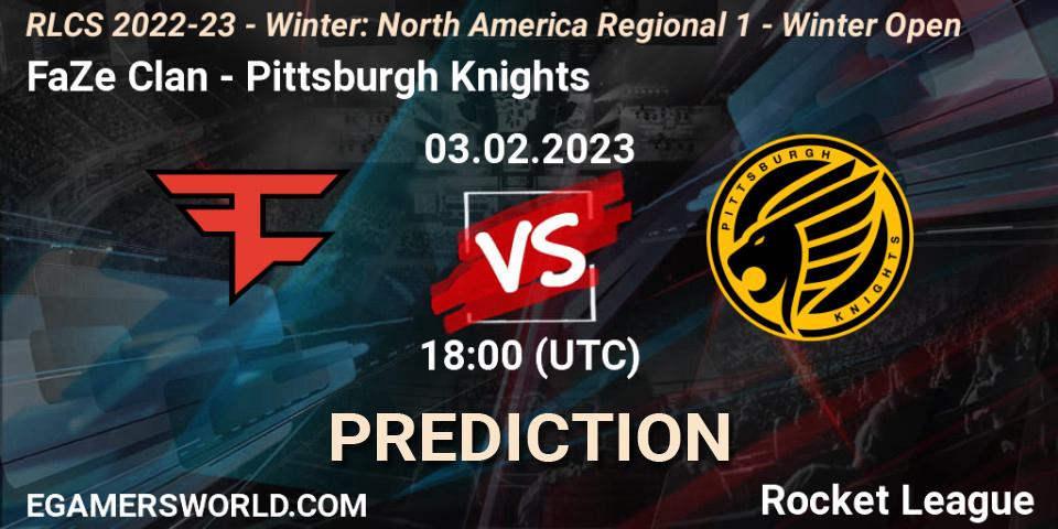 Prognose für das Spiel FaZe Clan VS Pittsburgh Knights. 03.02.2023 at 18:00. Rocket League - RLCS 2022-23 - Winter: North America Regional 1 - Winter Open