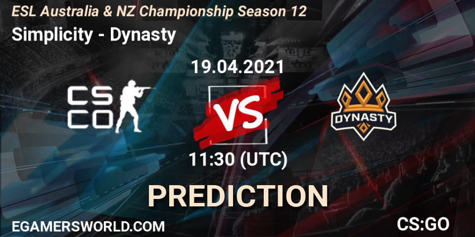 Prognose für das Spiel Simplicity VS Dynasty. 19.04.2021 at 10:35. Counter-Strike (CS2) - ESL Australia & NZ Championship Season 12