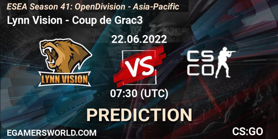 Prognose für das Spiel Lynn Vision VS Coup de Grac3. 22.06.2022 at 07:30. Counter-Strike (CS2) - ESEA Season 41: Open Division - Asia-Pacific