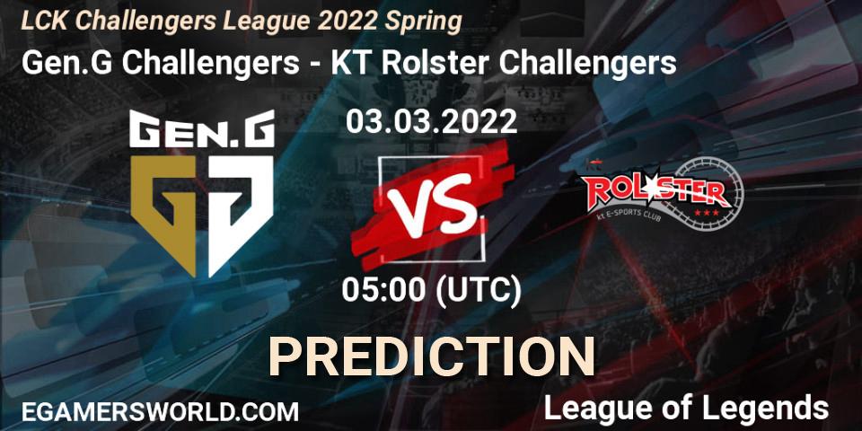 Prognose für das Spiel Gen.G Challengers VS KT Rolster Challengers. 03.03.2022 at 05:00. LoL - LCK Challengers League 2022 Spring