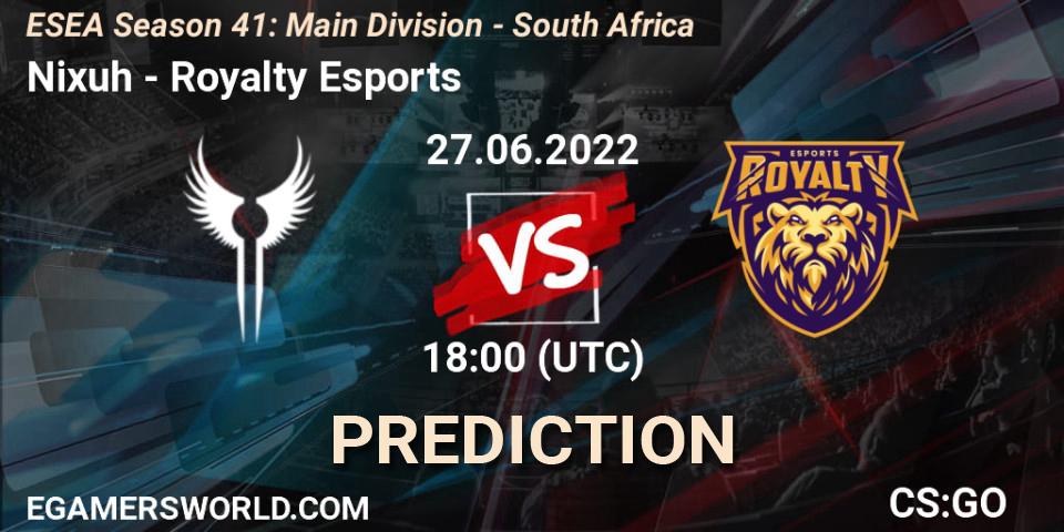 Prognose für das Spiel Nixuh VS Royalty Esports. 27.06.2022 at 18:00. Counter-Strike (CS2) - ESEA Season 41: Main Division - South Africa