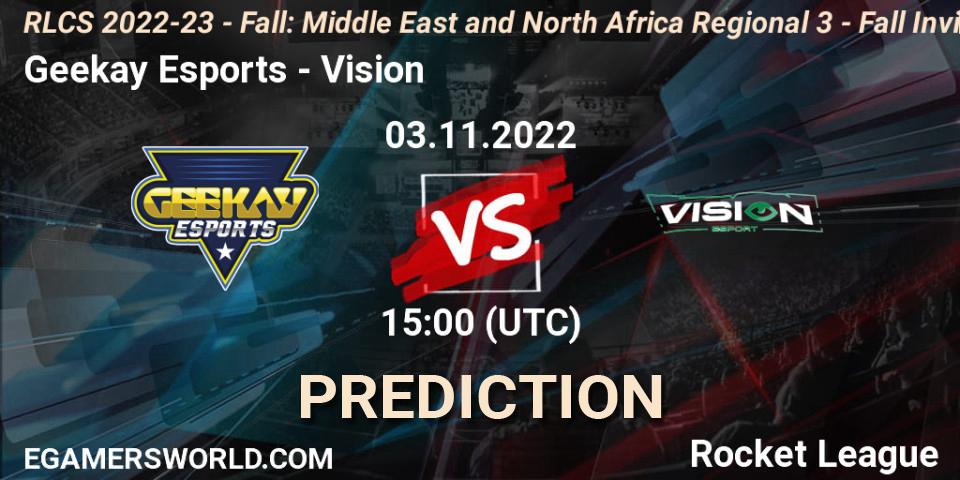 Prognose für das Spiel Geekay Esports VS Vision. 03.11.2022 at 15:00. Rocket League - RLCS 2022-23 - Fall: Middle East and North Africa Regional 3 - Fall Invitational