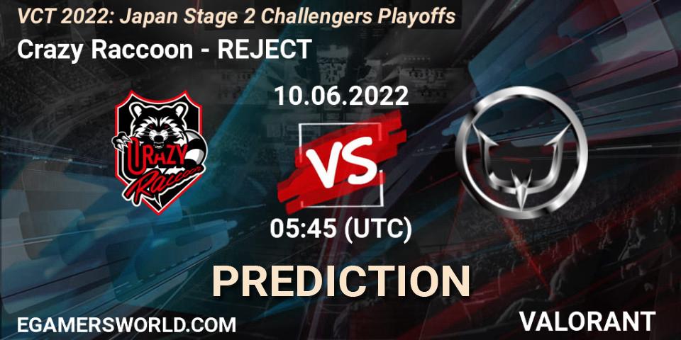 Prognose für das Spiel Crazy Raccoon VS REJECT. 10.06.2022 at 05:45. VALORANT - VCT 2022: Japan Stage 2 Challengers Playoffs