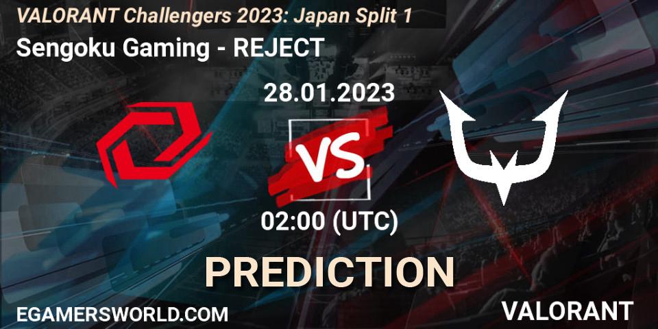 Prognose für das Spiel Sengoku Gaming VS REJECT. 28.01.2023 at 02:00. VALORANT - VALORANT Challengers 2023: Japan Split 1