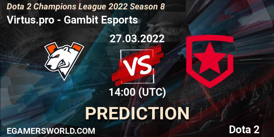 Prognose für das Spiel Virtus.pro VS Gambit Esports. 27.03.2022 at 14:23. Dota 2 - Dota 2 Champions League 2022 Season 8