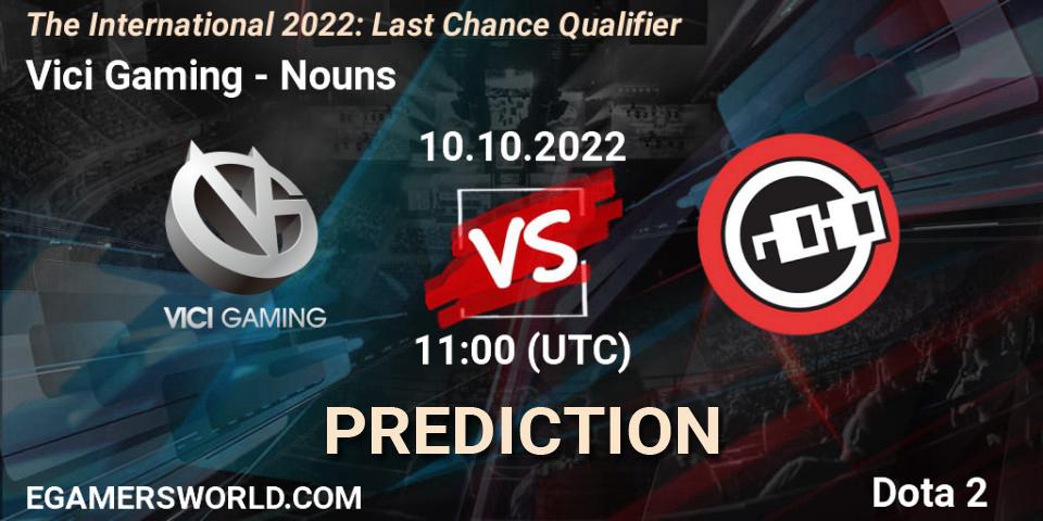Prognose für das Spiel Vici Gaming VS Nouns. 10.10.2022 at 11:11. Dota 2 - The International 2022: Last Chance Qualifier
