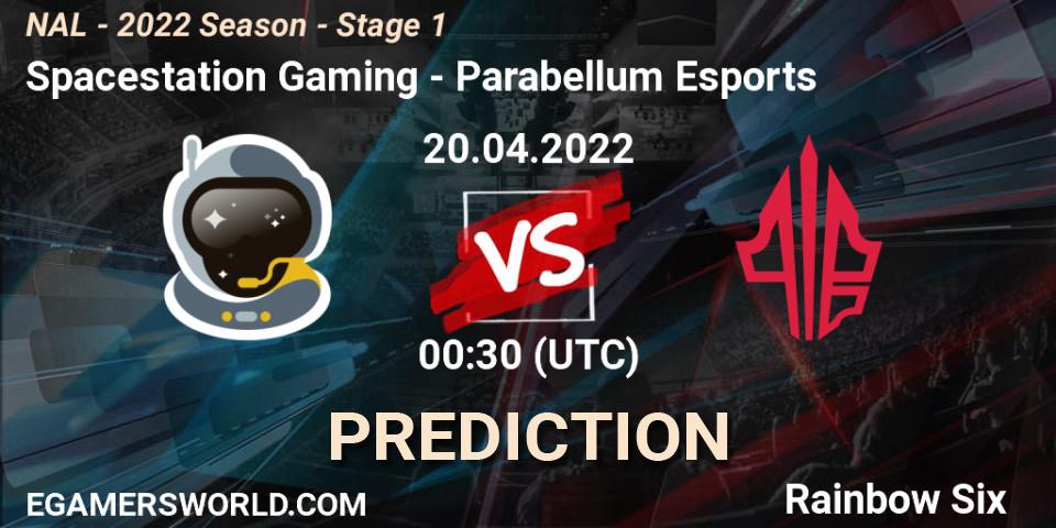 Prognose für das Spiel Spacestation Gaming VS Parabellum Esports. 20.04.2022 at 00:00. Rainbow Six - NAL - Season 2022 - Stage 1