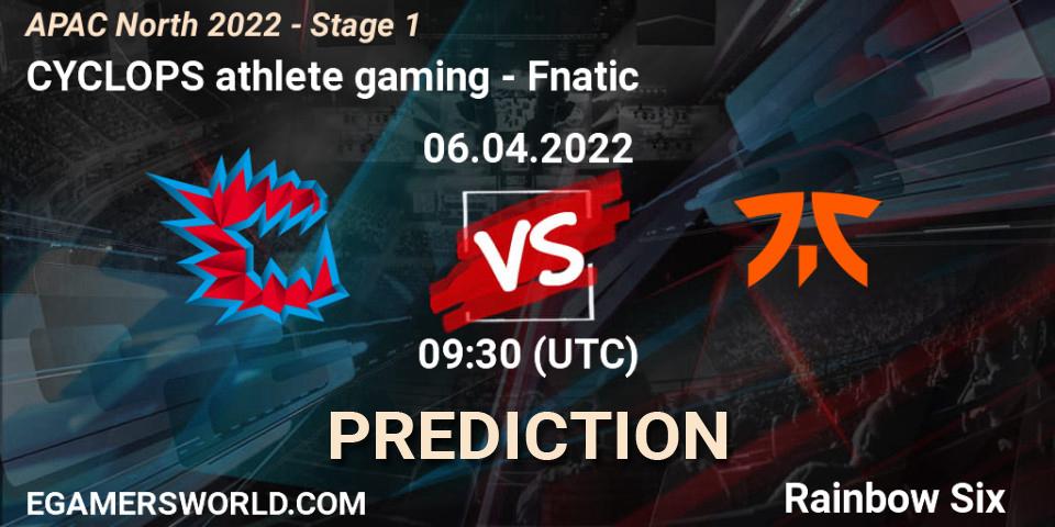 Prognose für das Spiel CYCLOPS athlete gaming VS Fnatic. 06.04.2022 at 09:30. Rainbow Six - APAC North 2022 - Stage 1