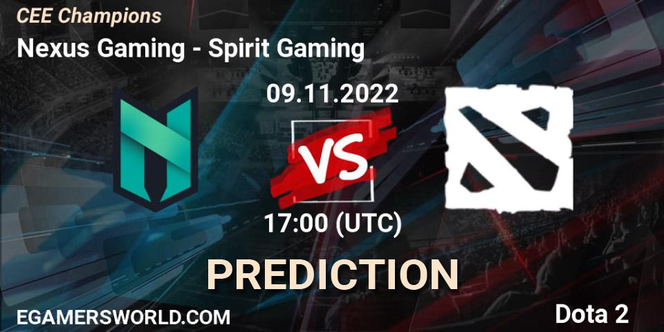 Prognose für das Spiel Nexus Gaming VS Spirit Gaming. 09.11.2022 at 17:20. Dota 2 - CEE Champions