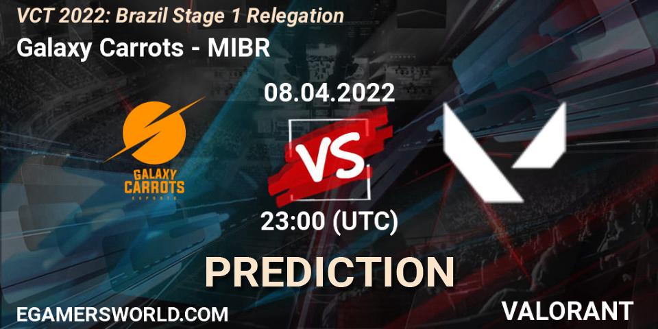 Prognose für das Spiel Galaxy Carrots VS MIBR. 08.04.2022 at 23:45. VALORANT - VCT 2022: Brazil Stage 1 Relegation