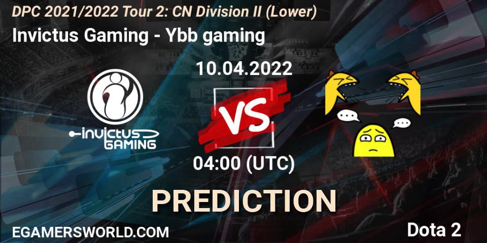 Prognose für das Spiel Invictus Gaming VS Ybb gaming. 19.04.2022 at 04:00. Dota 2 - DPC 2021/2022 Tour 2: CN Division II (Lower)