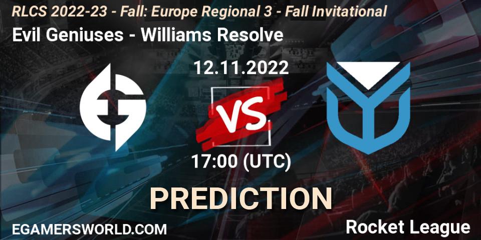 Prognose für das Spiel Evil Geniuses VS Williams Resolve. 12.11.22. Rocket League - RLCS 2022-23 - Fall: Europe Regional 3 - Fall Invitational