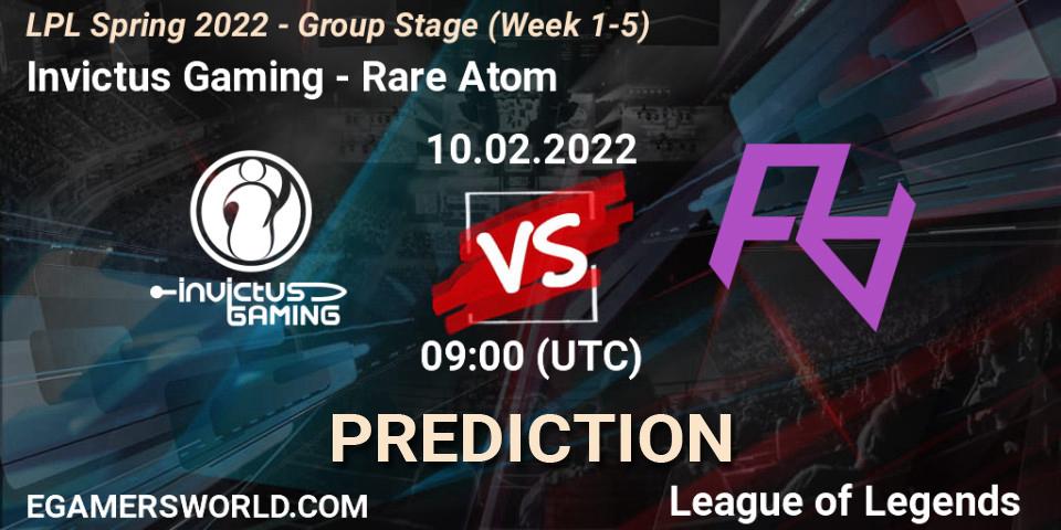 Prognose für das Spiel Invictus Gaming VS Rare Atom. 10.02.2022 at 09:00. LoL - LPL Spring 2022 - Group Stage (Week 1-5)