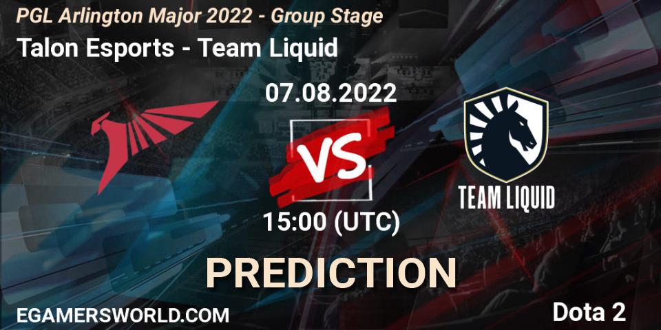 Prognose für das Spiel Talon Esports VS Team Liquid. 07.08.2022 at 15:00. Dota 2 - PGL Arlington Major 2022 - Group Stage