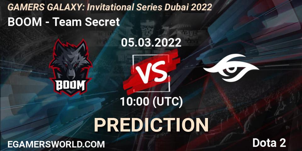 Prognose für das Spiel BOOM VS Team Secret. 05.03.2022 at 09:58. Dota 2 - GAMERS GALAXY: Invitational Series Dubai 2022