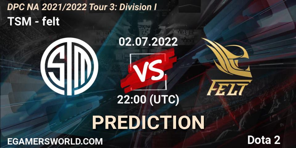Prognose für das Spiel TSM VS felt. 02.07.22. Dota 2 - DPC NA 2021/2022 Tour 3: Division I