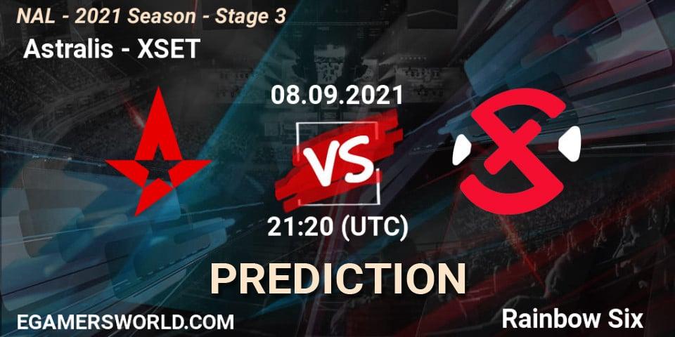 Prognose für das Spiel Astralis VS XSET. 08.09.2021 at 21:20. Rainbow Six - NAL - 2021 Season - Stage 3