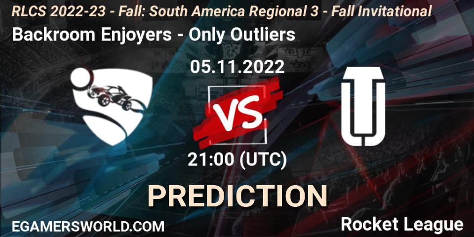 Prognose für das Spiel Backroom Enjoyers VS Only Outliers. 05.11.2022 at 21:00. Rocket League - RLCS 2022-23 - Fall: South America Regional 3 - Fall Invitational