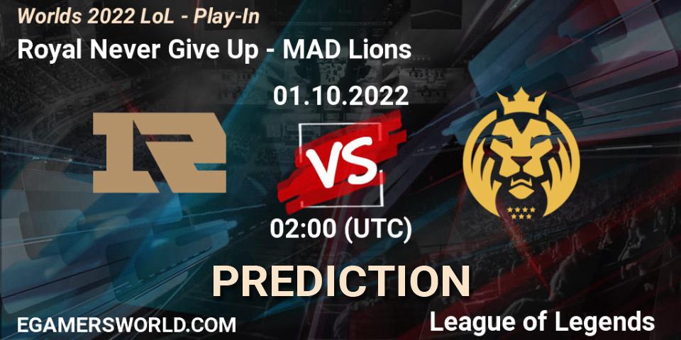 Prognose für das Spiel Royal Never Give Up VS MAD Lions. 01.10.2022 at 02:30. LoL - Worlds 2022 LoL - Play-In