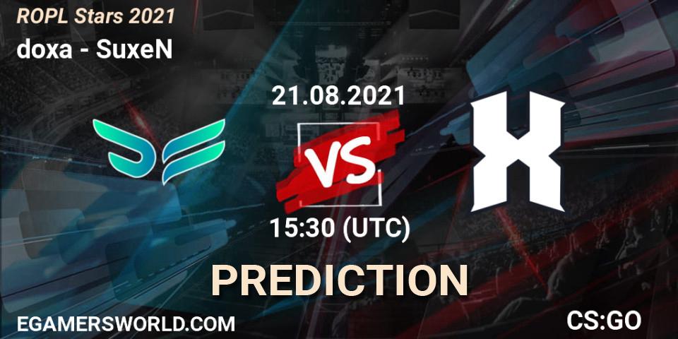 Prognose für das Spiel doxa VS SuxeN. 21.08.2021 at 15:30. Counter-Strike (CS2) - ROPL Stars 2021