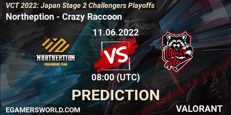 Prognose für das Spiel Northeption VS Crazy Raccoon. 11.06.2022 at 08:35. VALORANT - VCT 2022: Japan Stage 2 Challengers Playoffs