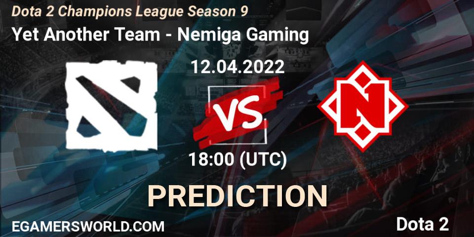 Prognose für das Spiel Yet Another Team VS Nemiga Gaming. 12.04.2022 at 18:25. Dota 2 - Dota 2 Champions League Season 9