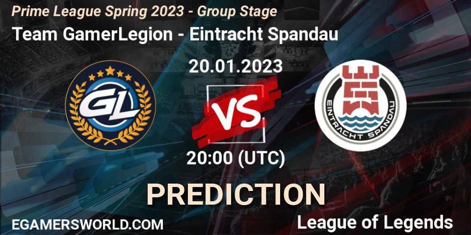 Prognose für das Spiel Team GamerLegion VS Eintracht Spandau. 20.01.2023 at 20:00. LoL - Prime League Spring 2023 - Group Stage