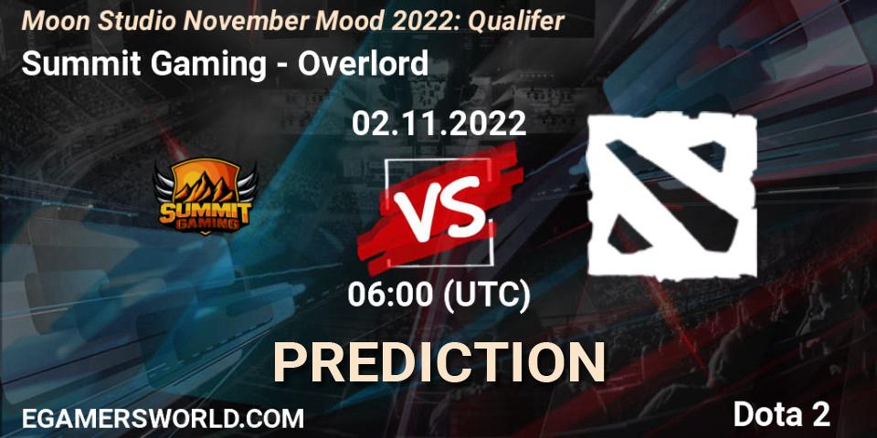 Prognose für das Spiel Summit Gaming VS Overlord. 02.11.2022 at 06:04. Dota 2 - Moon Studio November Mood 2022: Qualifer