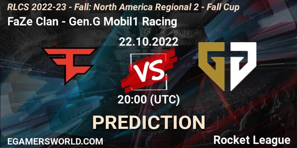 Prognose für das Spiel FaZe Clan VS Gen.G Mobil1 Racing. 22.10.2022 at 20:40. Rocket League - RLCS 2022-23 - Fall: North America Regional 2 - Fall Cup