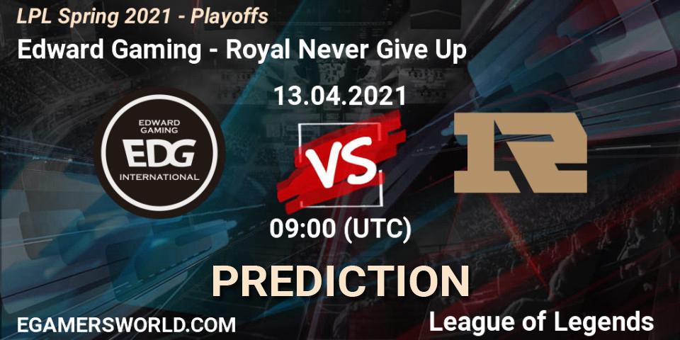 Prognose für das Spiel Edward Gaming VS Royal Never Give Up. 13.04.2021 at 09:00. LoL - LPL Spring 2021 - Playoffs