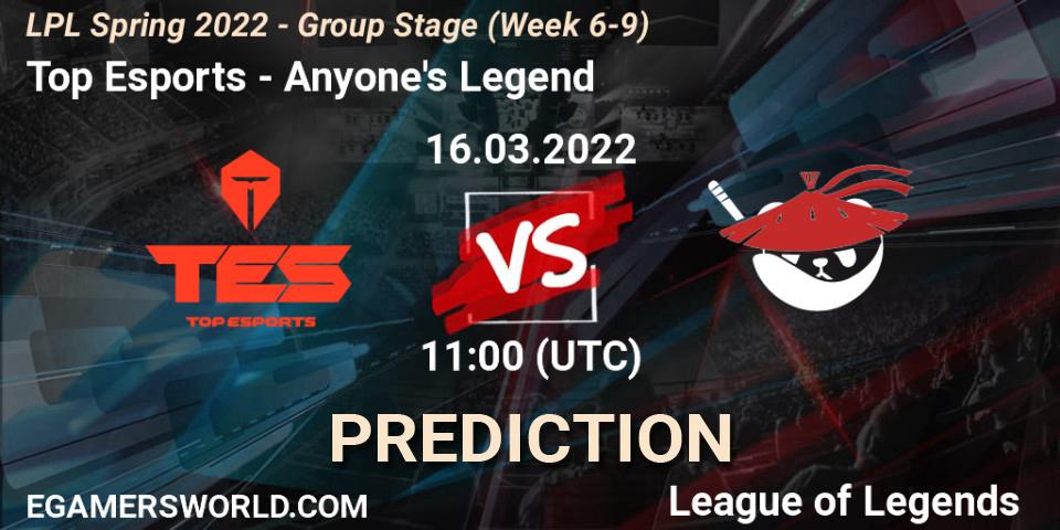 Prognose für das Spiel Top Esports VS Anyone's Legend. 16.03.22. LoL - LPL Spring 2022 - Group Stage (Week 6-9)